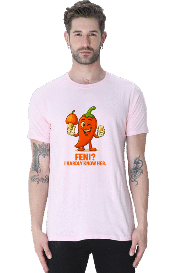 Feni? I Hardly Know Her Pedro T-Shirt | Bombastique Goan Pun Tee - Image 3