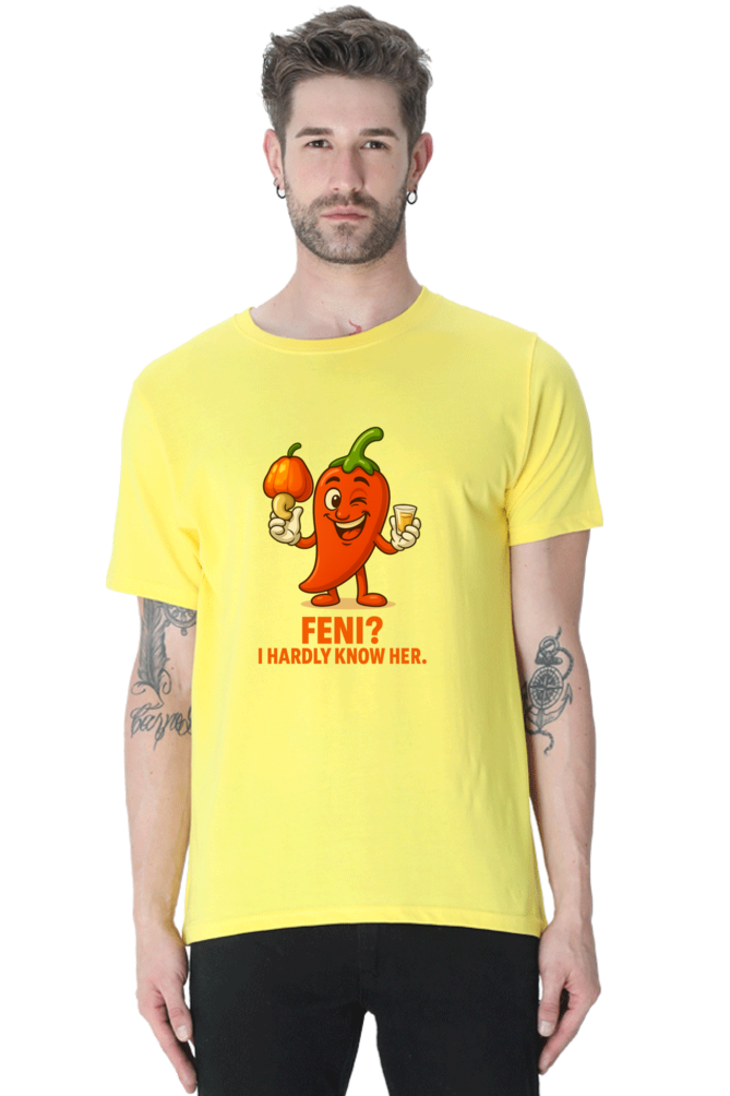 Feni? I Hardly Know Her Pedro T-Shirt | Bombastique Goan Pun Tee - Image 6
