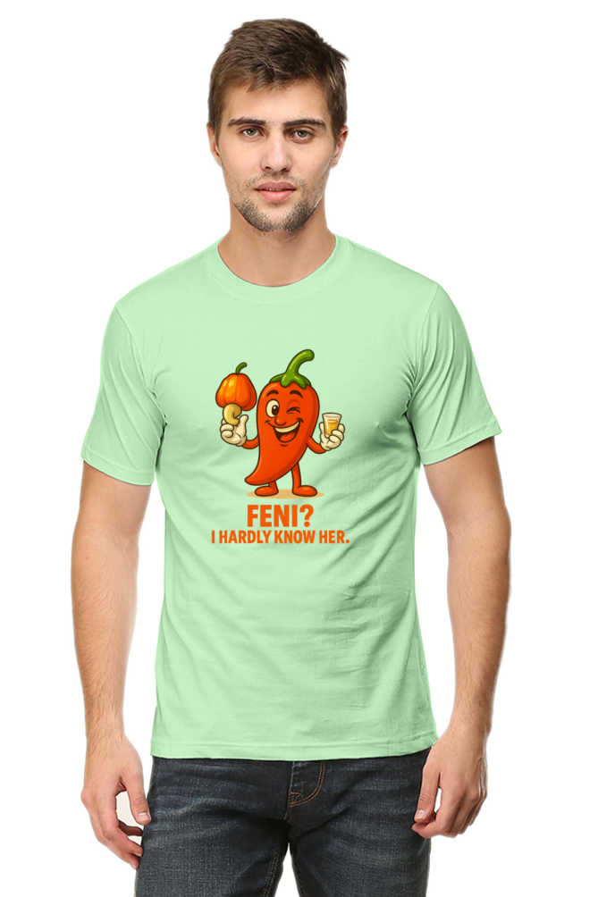Feni? I Hardly Know Her Pedro T-Shirt | Bombastique Goan Pun Tee - Image 2